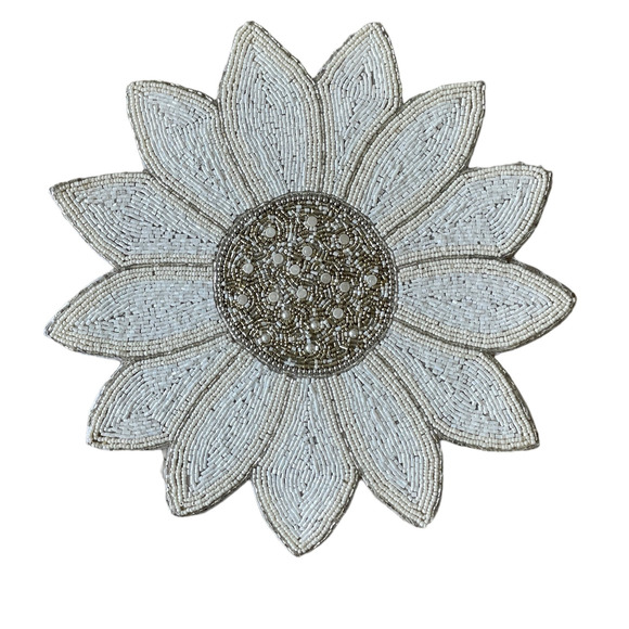 TAHARI HOME Glass Hand Beaded Charger Placemat 15in White Silver Floral NEW - Picture 1 of 14